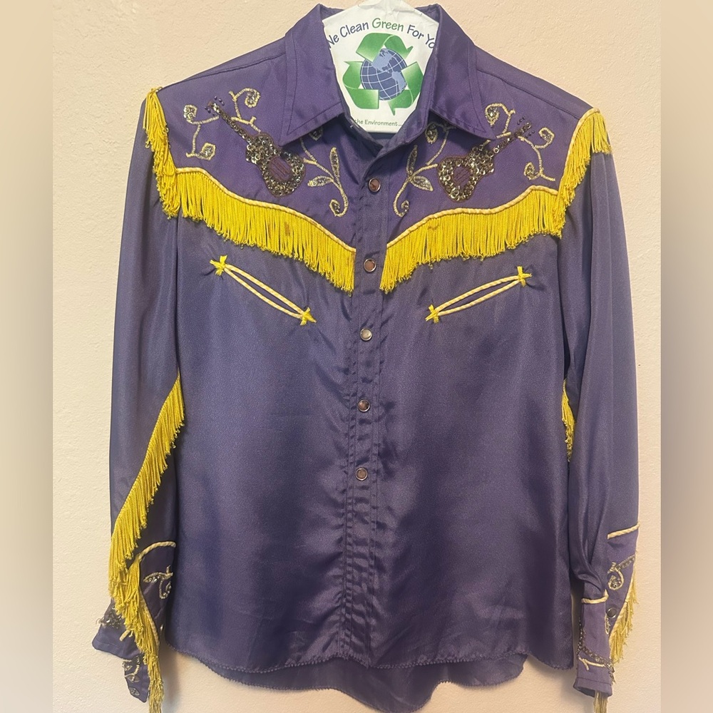 Vintage fringed satin western shirt, sequined guitars!